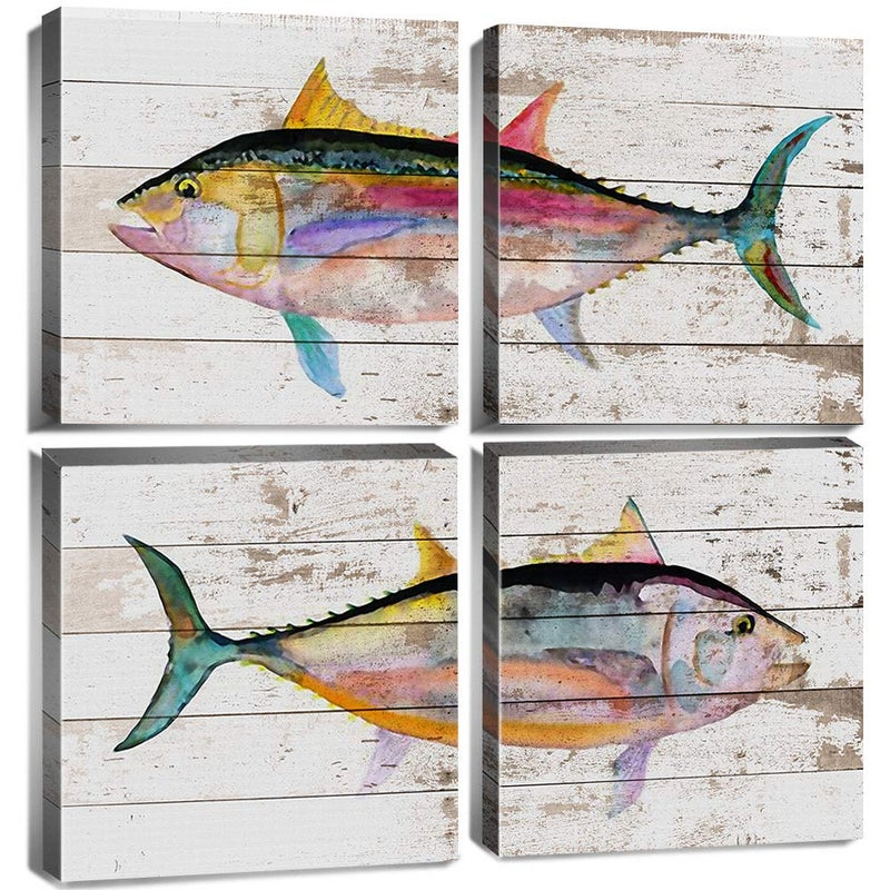 Beach Fish Wall Art Coastal Bathroom Decor Farmhouse Ocean Animal Pictures Canvas Prints Vintage Nautical Colorful Tuna Fish Poster for Living Room Bedroom Kitchen Lake House Home Decoration 12x12 4P