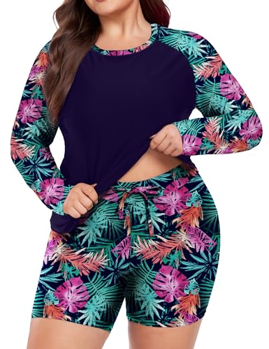 FOREYOND Women's 2 Piece Plus Size Rash Guard Long Sleeve Swimsuits Sun Protection Swim Shirt Bathing Suit with Boyshorts Bottom UPF 50+, Colorful Leaves, 5X - Image 3