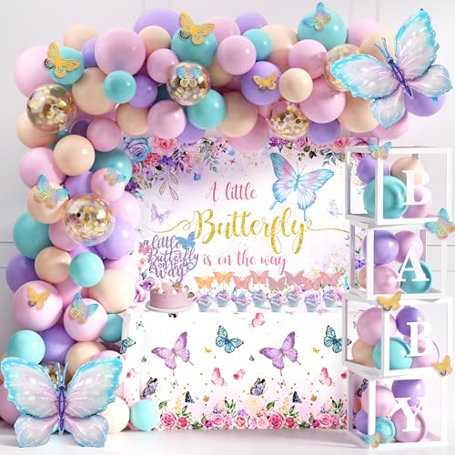 TREWAVE Butterfly Baby Shower Decorations for Girls A Little Butterfly Is On The Way Party Backdrop Butterfly Cake Toppers Stickers Pink Purple Balloons Baby Boxes for Girl Birthday Baby Shower Decor - Image 1