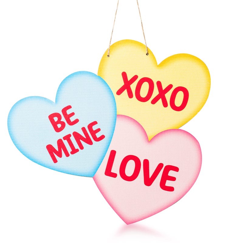 Haooryx Valentine's Day Heart Shape Door Sign - Valentine Wooden Candy Heart Hanging Door Sign Plaque with Ropes Valentine's Day Party Home Front Door Wall Window Porch Hanging Decoration Supplies - Image 1
