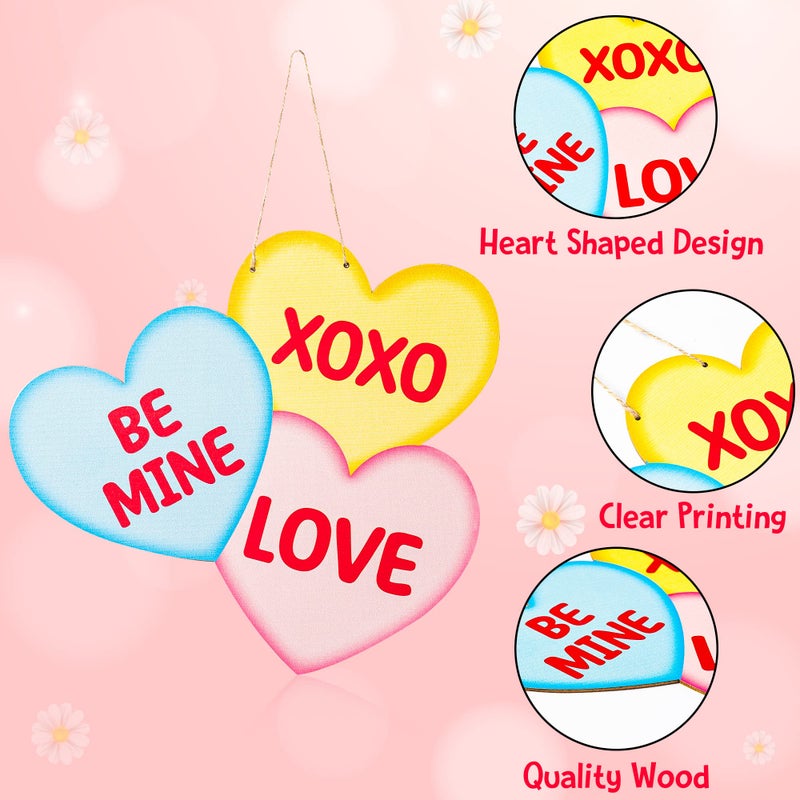 Haooryx Valentine's Day Heart Shape Door Sign - Valentine Wooden Candy Heart Hanging Door Sign Plaque with Ropes Valentine's Day Party Home Front Door Wall Window Porch Hanging Decoration Supplies - Image 3
