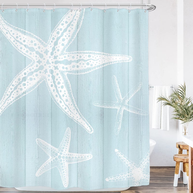 AMBZEK Beachy Shower Curtain Blue Coastal Beach Starfish Farmhouse Nautical Barn 60Wx72L Inch Wooden Plank Ocean Vintage Pastel Rustic Country Cloth Fabric Polyester Bathroom Decor Set 12 Pack Hooks
