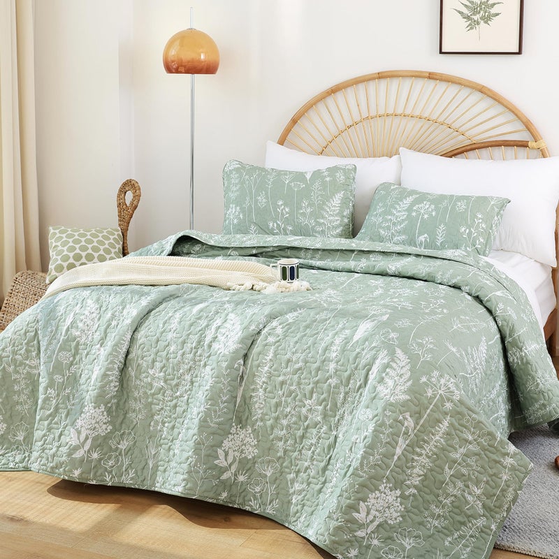 JANZAA Quilts Queen Size Sage Green Quilt Botanical with Floral Pattern Microfiber Bedspreads Queen Size 3 Pieces Lightweight Comforter Reversible Bedding Set with 2 Pillow Cases - Image 1