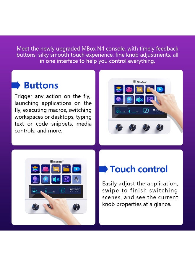 MiraBox N4 Pro Macro Pad,10-Key LCD Shortcut Keyboard with 4 RGB Knobs & TouchBar – Programmable Streaming Controller Deck for OBS, YouTube, Gaming & Office (PC/Mac, USB-C,White) - Image 3