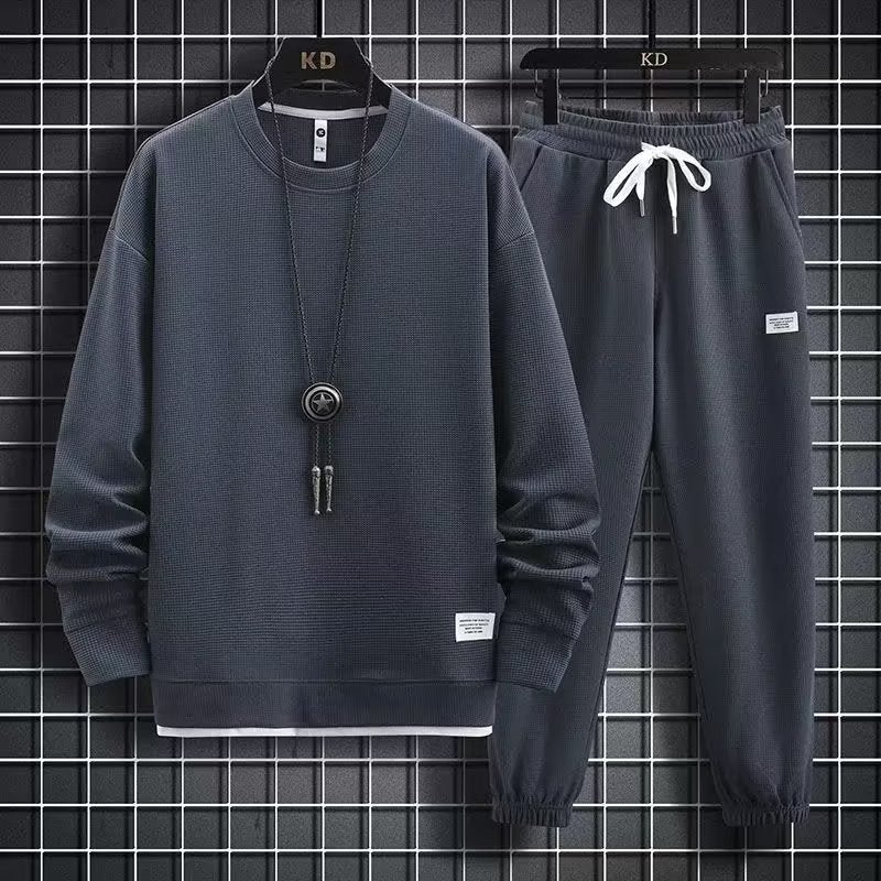 Waffle Long-Sleeved Suit Men'S Shirt Casual Set Clothes Spring Autumn Winter Fashionable Solid Color Loose Fake Two-Piece T-Shirt - Image 5