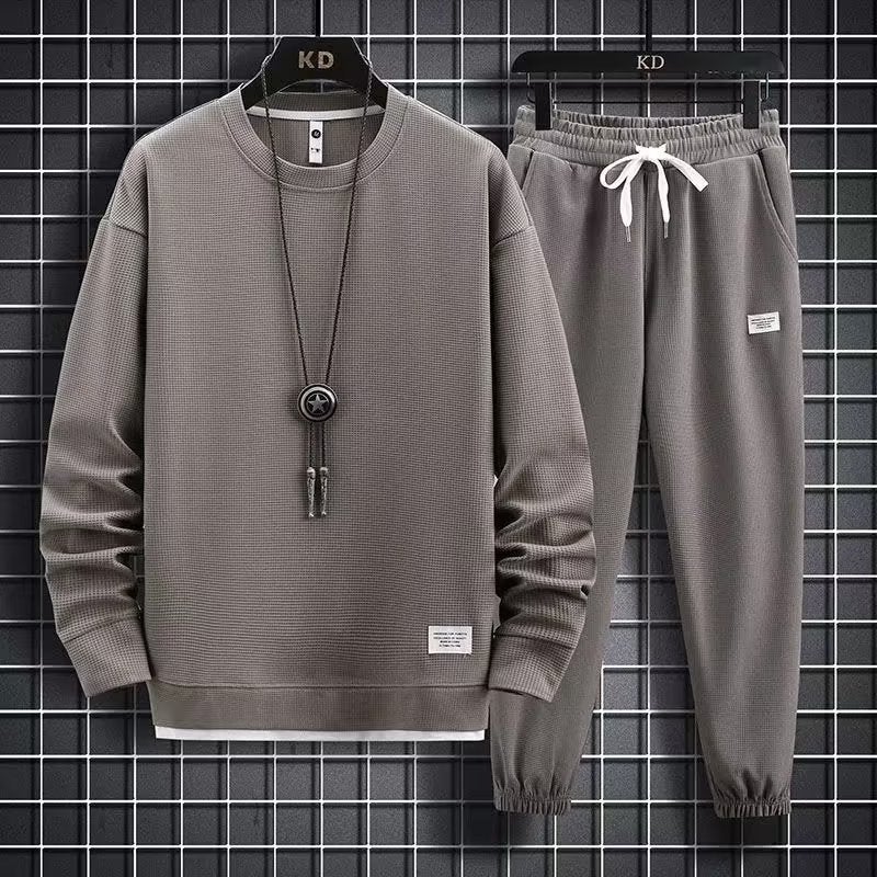 Waffle Long-Sleeved Suit Men'S Shirt Casual Set Clothes Spring Autumn Winter Fashionable Solid Color Loose Fake Two-Piece T-Shirt - Image 2