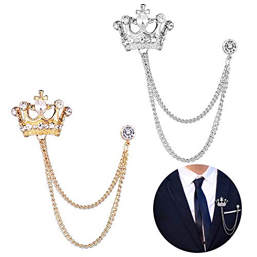 Shuxy 2PCS Men's Crown Hanging Chain Brooch with Stone Detailing, Engraving, Metal Crystal, Suit Stud Lapel Pin, Vintage Rhinestone Breastpin Wedding Brooch Pin, Gold and Silver - Image 1