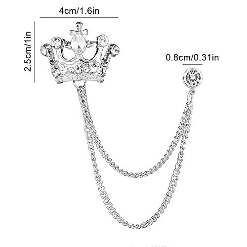 Shuxy 2PCS Men's Crown Hanging Chain Brooch with Stone Detailing, Engraving, Metal Crystal, Suit Stud Lapel Pin, Vintage Rhinestone Breastpin Wedding Brooch Pin, Gold and Silver - Image 2