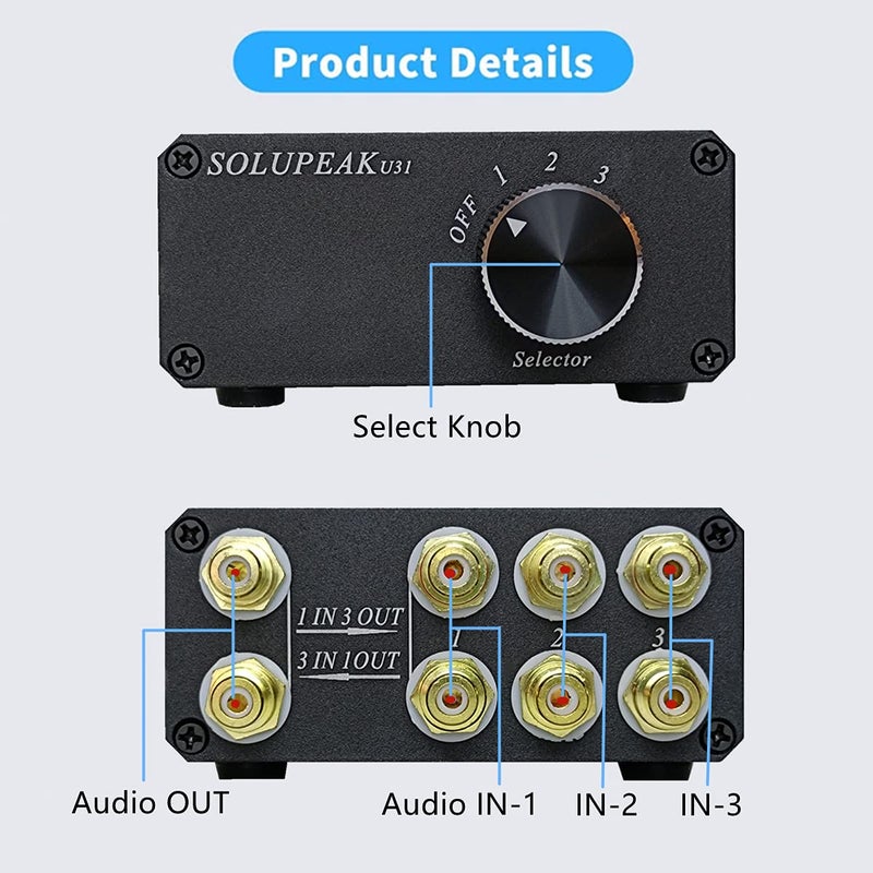 SOLUPEAK U31 Premium RCA Switch Box, 3 in 1 Out Audio Switch, Stereo Switch Box with Signal Lossless, Sturdy Aluminum case Strong Anti-Interference, Compact Connector Distributor RCA Splitter Boxes - Image 4