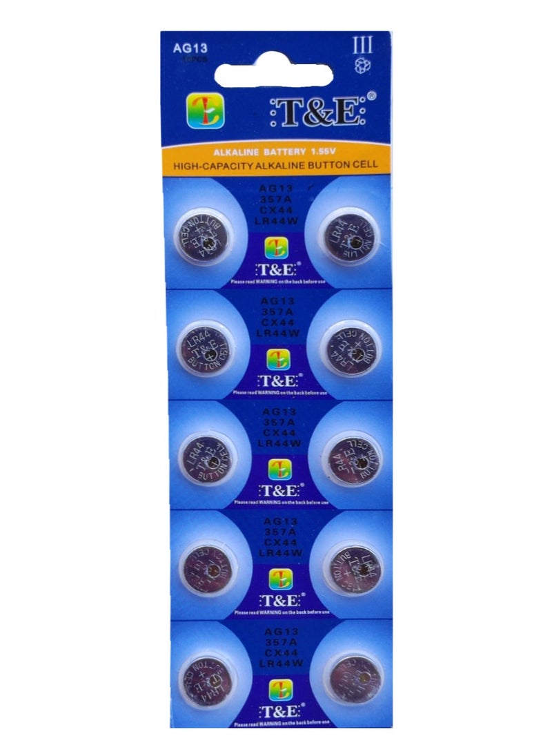 TE AG13 Alkaline Button Cell Batteries, 357A, CX44, LR44W, 1.5V, 10 Pcs Pack, for Clocks, Calculators, LED Gadgets, Toys 