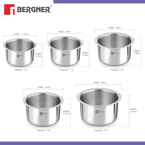 Bergner BE Essentials 5 Pcs Tope Set, Triply Stainless Steel Topes with Sizes 14cm (1.2L), 16cm (1.6L), 18cm (2.3L), 20cm (3.5L), 22cm (4.5L), Easy to Clean, Induction Bottom and Gas Stove Ready - Image 4