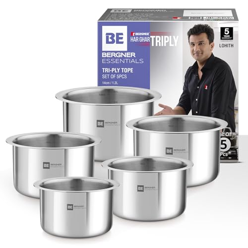Bergner BE Essentials 5 Pcs Tope Set, Triply Stainless Steel Topes with Sizes 14cm (1.2L), 16cm (1.6L), 18cm (2.3L), 20cm (3.5L), 22cm (4.5L), Easy to Clean, Induction Bottom and Gas Stove Ready - Image 1