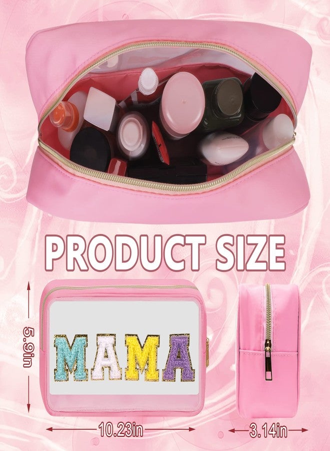حقيبة مكياج شفافة من إيكيموت، حقيبة ماما، حقيبة مستحضرات تجميل أنيقة مزينة بحروف من الشنيل للسفر، حقائب أدوات تجميل أساسية للسفر مصنوعة من النايلون المقاوم للماء مع سحاب للنساء والفتيات (ماما، وردي) - Image 2