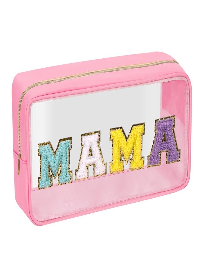 حقيبة مكياج شفافة من إيكيموت، حقيبة ماما، حقيبة مستحضرات تجميل أنيقة مزينة بحروف من الشنيل للسفر، حقائب أدوات تجميل أساسية للسفر مصنوعة من النايلون المقاوم للماء مع سحاب للنساء والفتيات (ماما، وردي) - Image 1