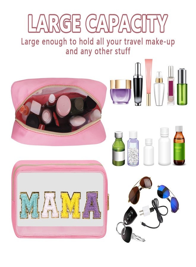 حقيبة مكياج شفافة من إيكيموت، حقيبة ماما، حقيبة مستحضرات تجميل أنيقة مزينة بحروف من الشنيل للسفر، حقائب أدوات تجميل أساسية للسفر مصنوعة من النايلون المقاوم للماء مع سحاب للنساء والفتيات (ماما، وردي) - Image 4