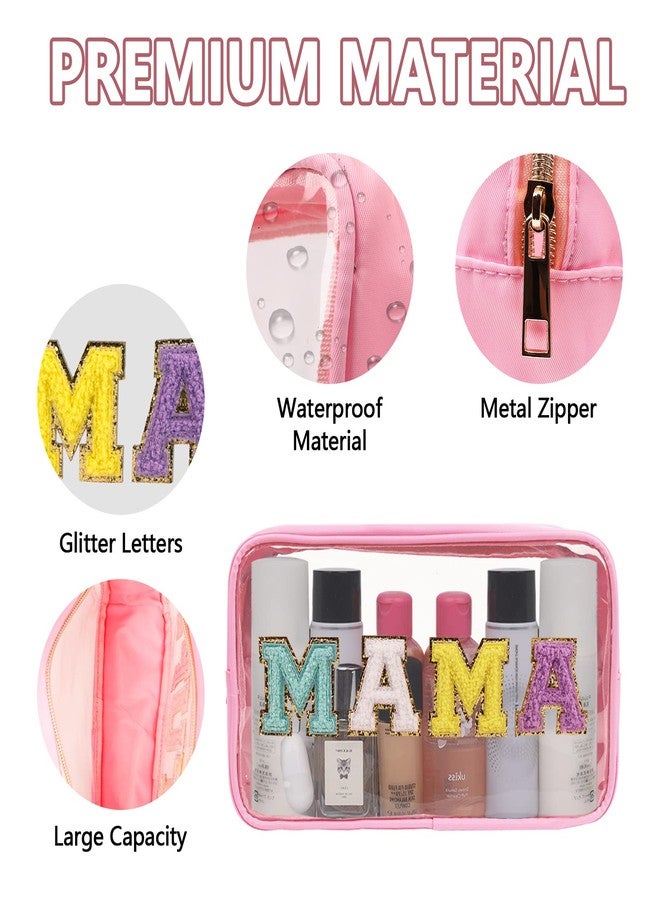 حقيبة مكياج شفافة من إيكيموت، حقيبة ماما، حقيبة مستحضرات تجميل أنيقة مزينة بحروف من الشنيل للسفر، حقائب أدوات تجميل أساسية للسفر مصنوعة من النايلون المقاوم للماء مع سحاب للنساء والفتيات (ماما، وردي) - Image 3