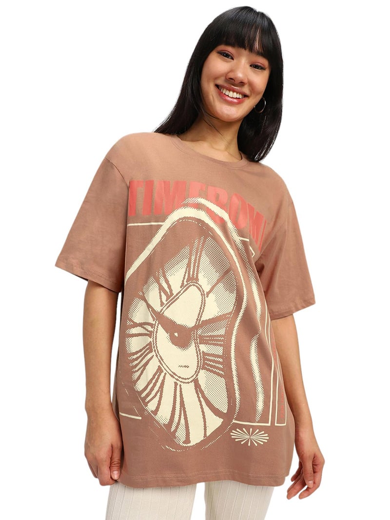 JUNEBERRY® Pure Cotton Half Sleeve Round Neck Oversized Fit Graphic Print Cork T-Shirt for Women/Girls (OS_J_TMBOMB_CR_XL) (Available in from S to 2XL) - Image 1