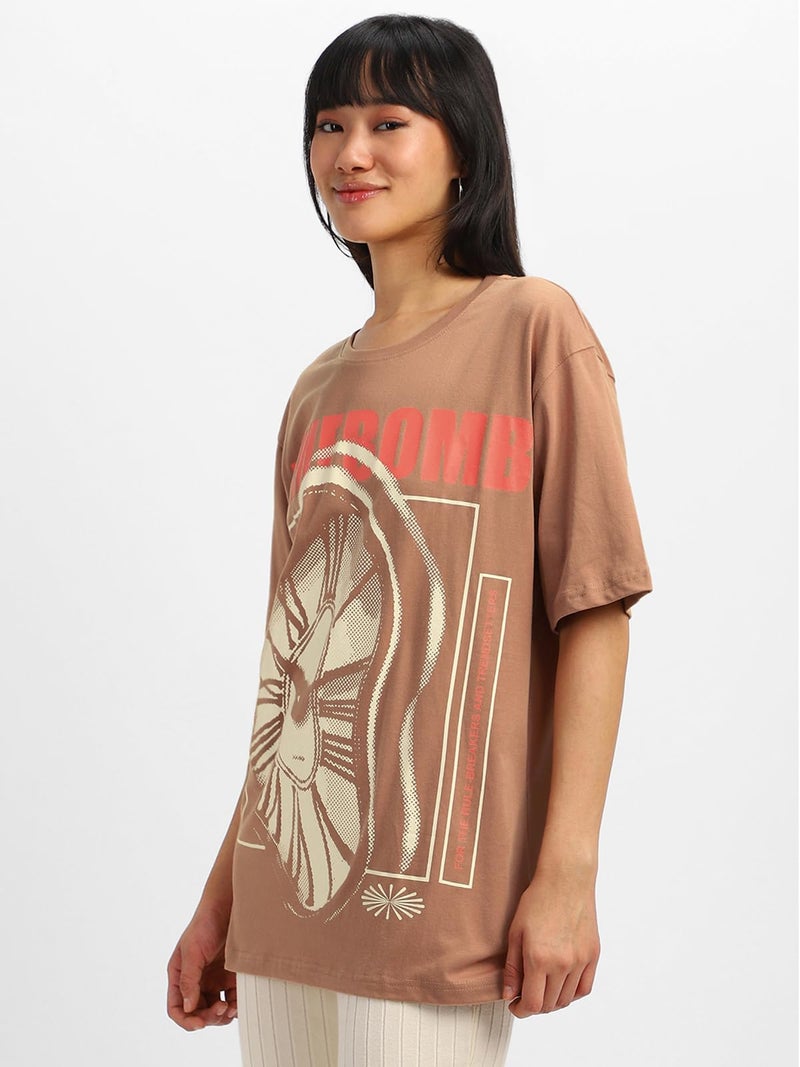 JUNEBERRY® Pure Cotton Half Sleeve Round Neck Oversized Fit Graphic Print Cork T-Shirt for Women/Girls (OS_J_TMBOMB_CR_XL) (Available in from S to 2XL) - Image 5