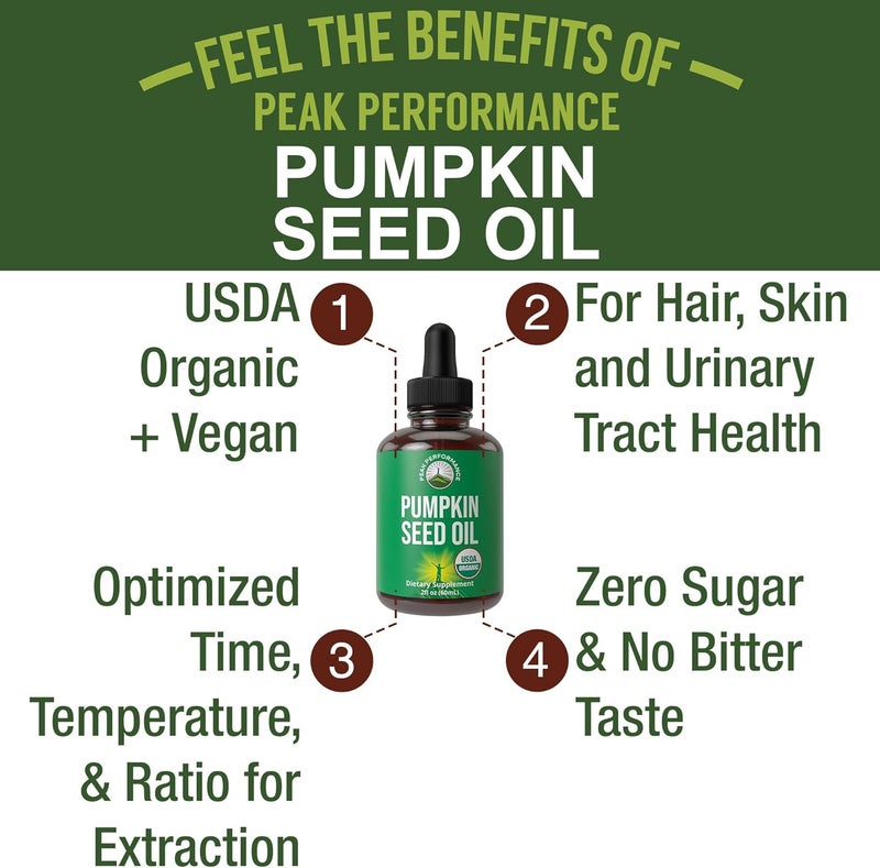 Peak Performance Pumpkin Seed Oil USDA Organic Vegan Liquid Drops Extract For Women and Men Supplement For Hair Growth Skin Health UT Prostate Support Zero Sugar Gluten Free Take Orally No Capsules - Image 2
