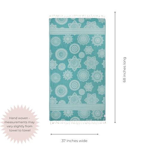 InfuseZen Turkish Bath & Beach Towel – Reversible Medallion Design - 100% Organic Turkish Cotton - Soft, Lightweight, Absorbent Peshtemal -Quick Dry, Sand Free- For Pool, Gym, Throw, Travel- Sea Green - Image 4
