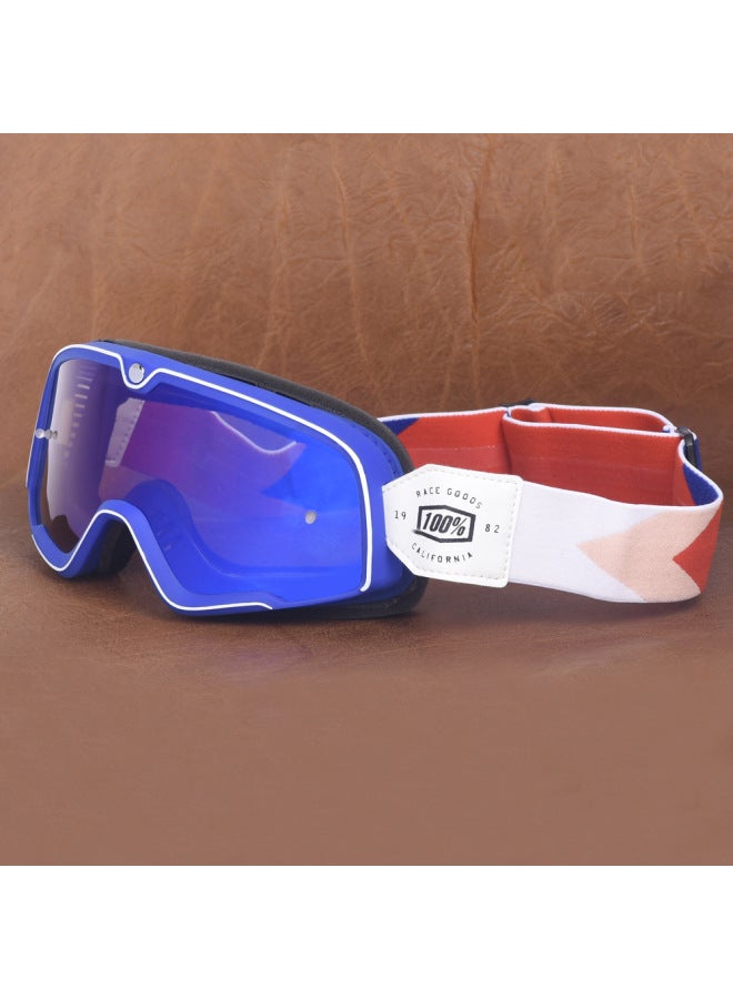 Spot UV A1 Motorcycle Retro Off-Road Goggles - Blue Frame, White Leather, Blue Lens