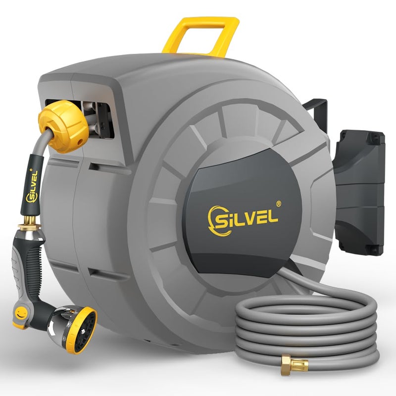 SILVEL 1/2 in x 110 FT Retractable Garden Hose Reel, UV Resistant Heavy Duty Automatic Hose Reel Wall Mount with 10 Pattern Nozzle, Any Length Lock & Slow Return System, 180Â°Swivel Bracket, Yellow - Image 1