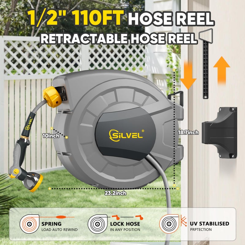 SILVEL 1/2 in x 110 FT Retractable Garden Hose Reel, UV Resistant Heavy Duty Automatic Hose Reel Wall Mount with 10 Pattern Nozzle, Any Length Lock & Slow Return System, 180Â°Swivel Bracket, Yellow - Image 5