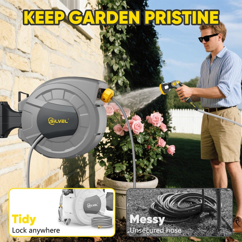 SILVEL 1/2 in x 110 FT Retractable Garden Hose Reel, UV Resistant Heavy Duty Automatic Hose Reel Wall Mount with 10 Pattern Nozzle, Any Length Lock & Slow Return System, 180Â°Swivel Bracket, Yellow - Image 2