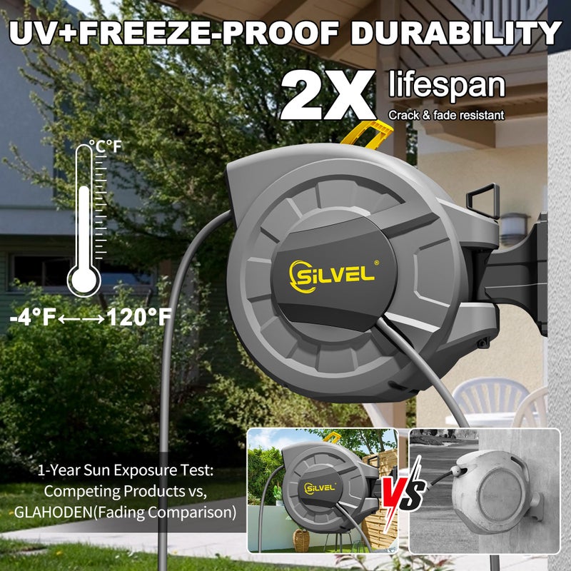 SILVEL 1/2 in x 110 FT Retractable Garden Hose Reel, UV Resistant Heavy Duty Automatic Hose Reel Wall Mount with 10 Pattern Nozzle, Any Length Lock & Slow Return System, 180Â°Swivel Bracket, Yellow - Image 4