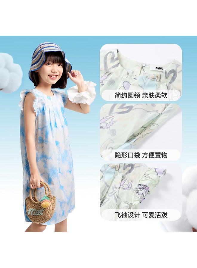 Annil Girl's Short-sleeve Cotton Dress 2025 Summer New Floral Hem Gradient Vacation Style Princess Dress - Image 5