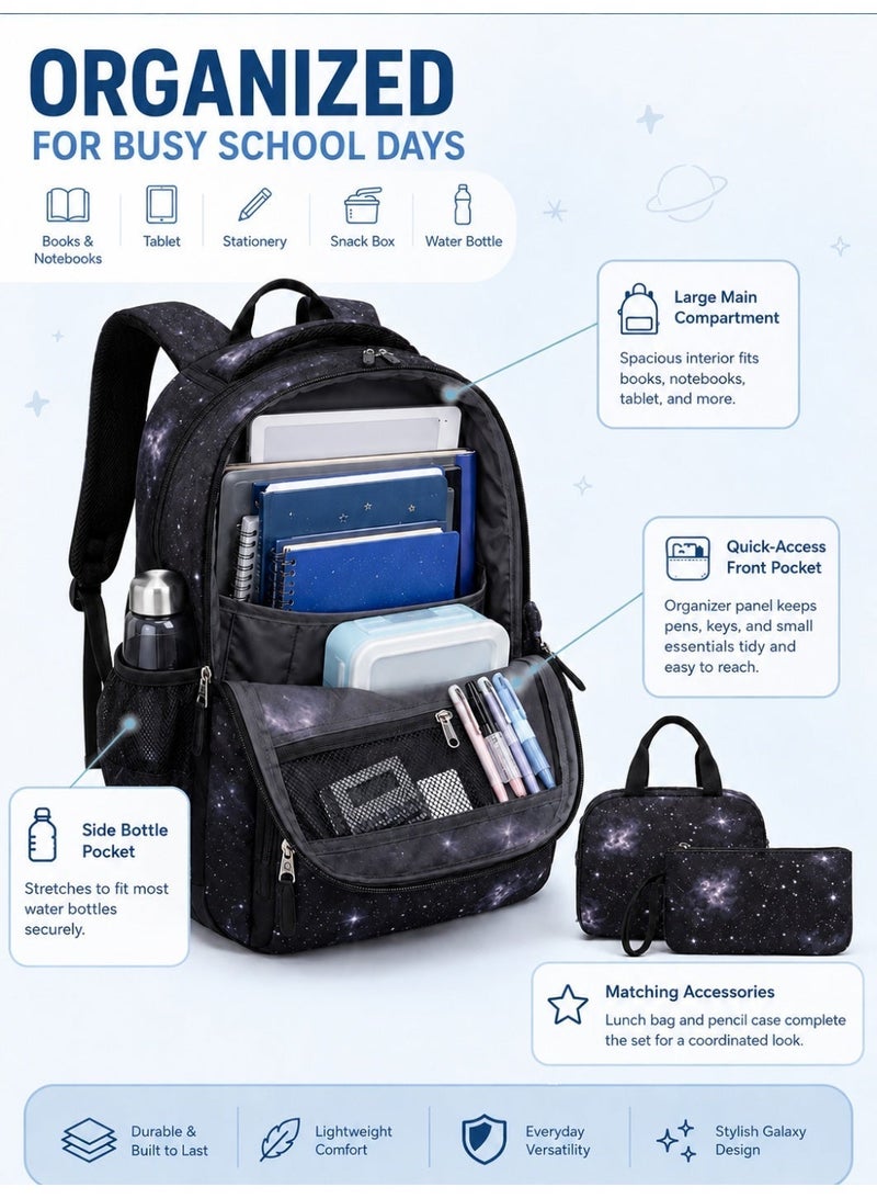 ZIRANYU Lightweight Kids Backpack for Boys Girls, School Backpack with Matching Lunch Box, Space Galaxy Book Bag for Preschool Kindergarten Elementary School - Image 4