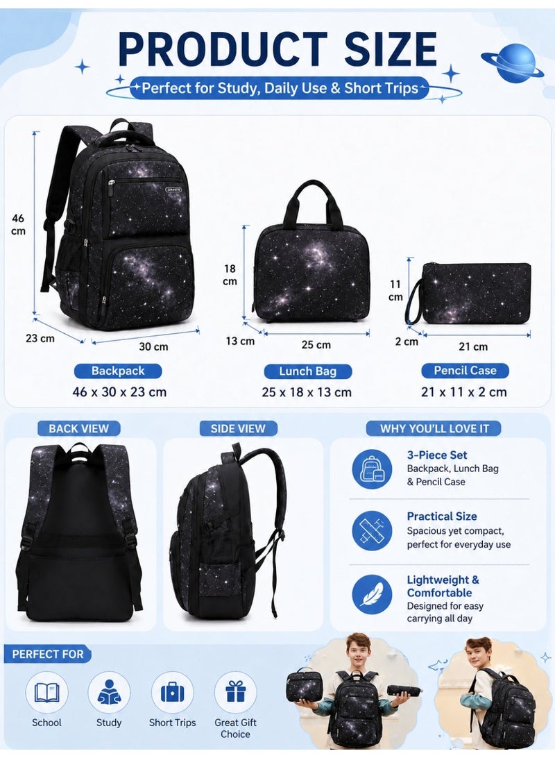 ZIRANYU Lightweight Kids Backpack for Boys Girls, School Backpack with Matching Lunch Box, Space Galaxy Book Bag for Preschool Kindergarten Elementary School - Image 3