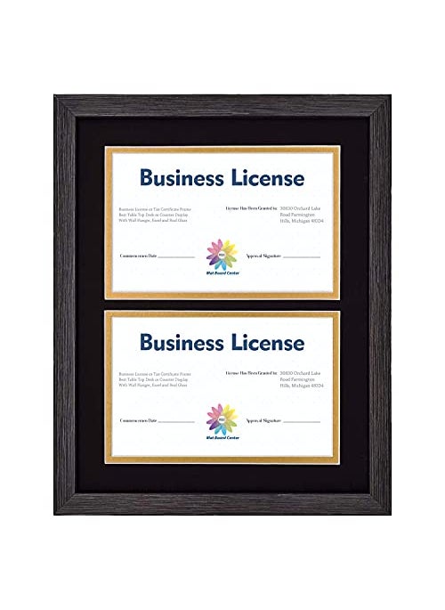 MBC MAT BOARD CENTER Mat Board Center 11x14 Document Frame Hold Two 55x85 Busines Licenses Certificate with Black Over Gold MatWall Mounting Real Glass Dark Brown 