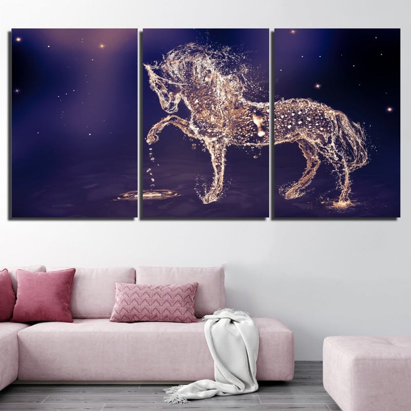 ماركتنا ثلاث لوحات قماشية مودرن بتصميم حصان مع برواز مجوف مقاس (150×70) ثلاث قطع - Image 1