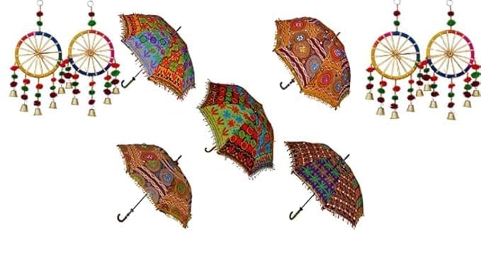 The Decor Affair 5-Pack Wedding Umbrellas & 4 Colorful Hanging Chakhris Set - Perfect for Festivals, Weddings, and Outdoor Celebrations - Image 1
