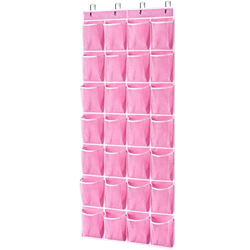 KEEPJOY 28 Pockets Hanging Shoe Organizer, Over the Door Shoe Organizer, Hanging Door Shoe Holder Rack with Mesh Pockets Large Size 65 x 23 Inch (Pink-1Pack) - Image 1