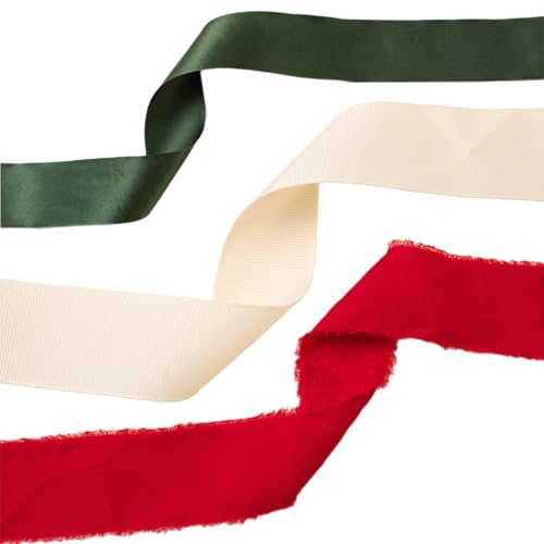 Merry Market Christmas Gift Wrapping Ribbon Set 3 Rolls 60 Yards Total Red Frayed Velvet Green Satin Cream Grosgrain Holiday Ribbons by Merry Market Bundle 5 - Image 1