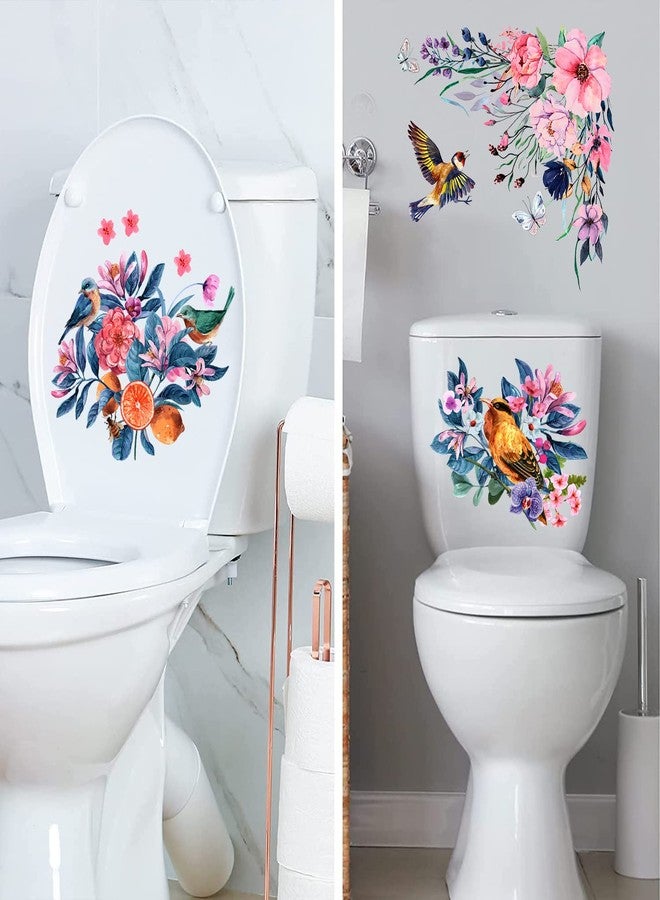 LiveGallery 3PCS Birds and Flowers Bathroom Toilet Seat Wall Sticker Self-Adhesive Pink Purple Floral Toilet Lid Decals DIY Removable Watercolor Bouquet Toilets Stickers for Cistern Bathroom WC Restroom Decor (A) - Image 5