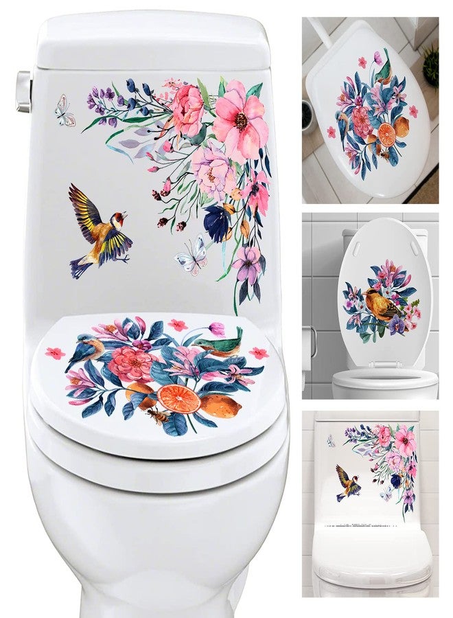 LiveGallery 3PCS Birds and Flowers Bathroom Toilet Seat Wall Sticker Self-Adhesive Pink Purple Floral Toilet Lid Decals DIY Removable Watercolor Bouquet Toilets Stickers for Cistern Bathroom WC Restroom Decor (A) - Image 1