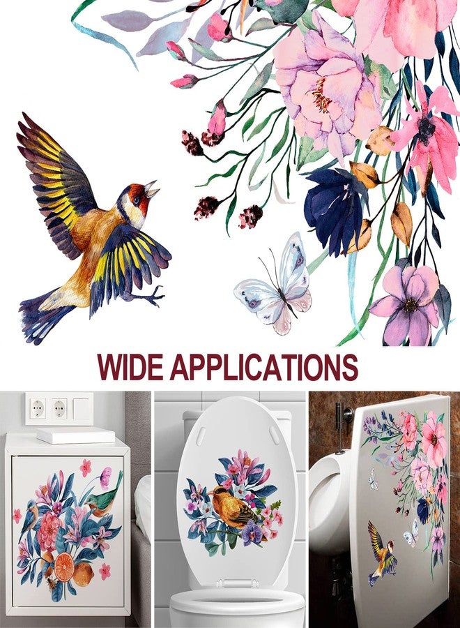 LiveGallery 3PCS Birds and Flowers Bathroom Toilet Seat Wall Sticker Self-Adhesive Pink Purple Floral Toilet Lid Decals DIY Removable Watercolor Bouquet Toilets Stickers for Cistern Bathroom WC Restroom Decor (A) - Image 3