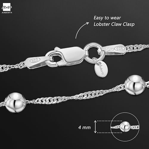Amberta 925 Sterling Silver 1.4 Singapore Chain Bracelet with 4 mm Ball Beads Length 7.5" inch / 19 cm (7.5) - Image 5