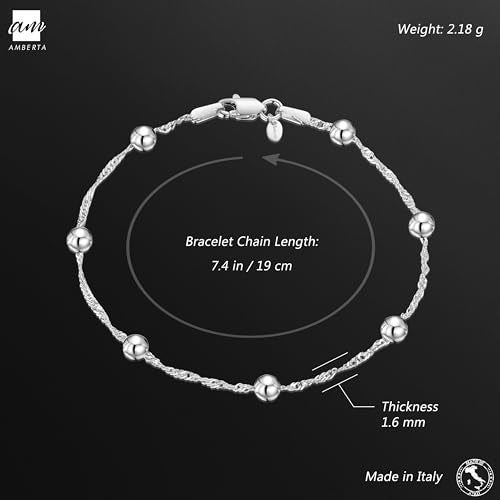 Amberta 925 Sterling Silver 1.4 Singapore Chain Bracelet with 4 mm Ball Beads Length 7.5" inch / 19 cm (7.5) - Image 3