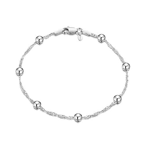 Amberta 925 Sterling Silver 1.4 Singapore Chain Bracelet with 4 mm Ball Beads Length 7.5" inch / 19 cm (7.5) - Image 1