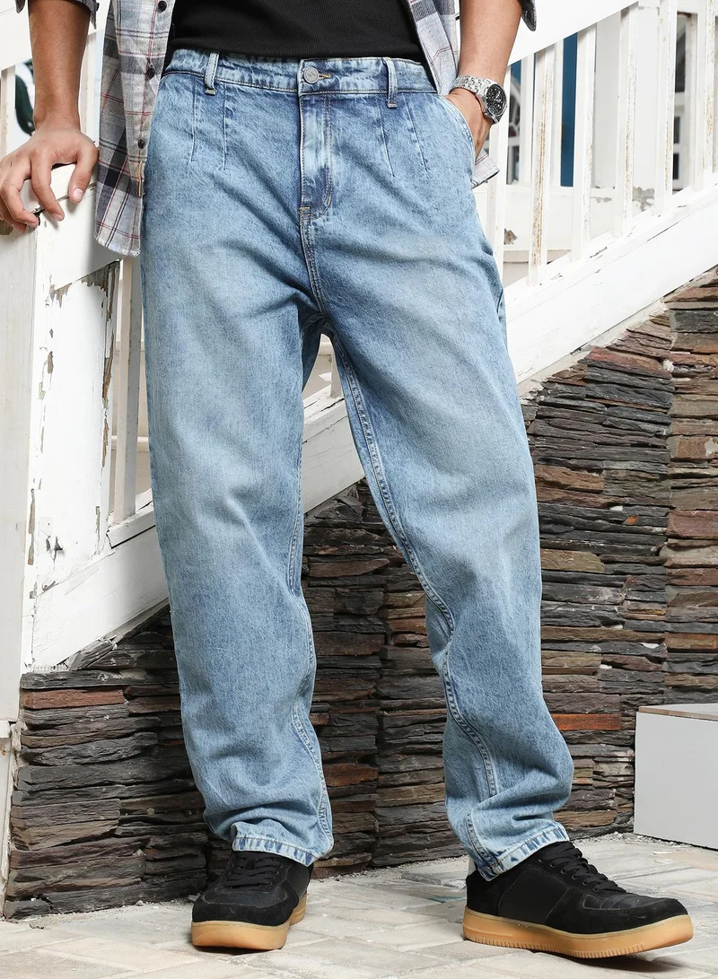 Campus Sutra Campus Sutra Men's Light Blue Light-Wash Pleated Denim Jeans | Mid-Rise , Straight Hem , Button Closure , Relaxed-Fit | Solid Denim | Cotton Jeans For Casual Wear