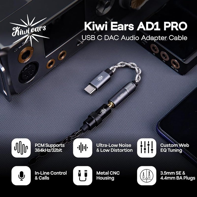 Linsoul Kiwi Ears AD1 Pro USB C DAC Adapter Cable, Custom DAC Chip, Official Web Customizable EQ Tuning, Ultra-Low Noise Portable IEM Amp for IEM Enthusiasts & Music Lovers (Type-C to 4.4mm) - Image 1