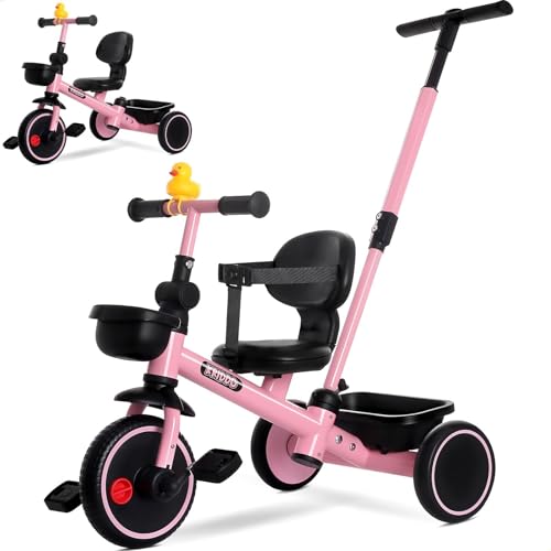KRIDDO 2in1 Tricycle for Toddlers 155 Years Push Tricycle with Parent Steering Detachable Handle 9Stage Adjustable Handlebar Toddler Trike with Safety Belt Clutch Pedals  Dual Basket Pink - Image 1