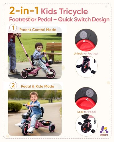 KRIDDO 2in1 Tricycle for Toddlers 155 Years Push Tricycle with Parent Steering Detachable Handle 9Stage Adjustable Handlebar Toddler Trike with Safety Belt Clutch Pedals  Dual Basket Pink - Image 5