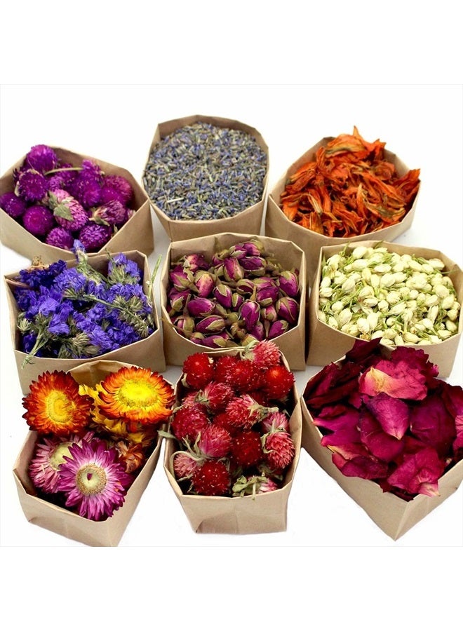 Oameusa 9 Bags Set Dried Flowers Artisan Dried Flower Kit - Candle Making Soap Making DIY Candel Natural Flowers-Lemon,Lavender,Roseleaf,Pink Rose,Red Rose,Jasmine,Rose Petal and More - Image 1