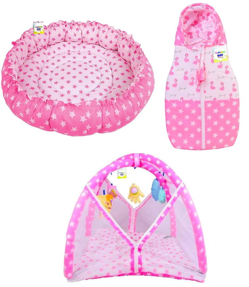 Toddylon Flat Bed Baby Play Gym New Born Baby Bedding | Mat with Hanging Toys | Mattress with Mosquito Net | Cotton Playing Mat | Playmats & Floor Gyms (0-6 Months) (3PCS Set) - Image 2