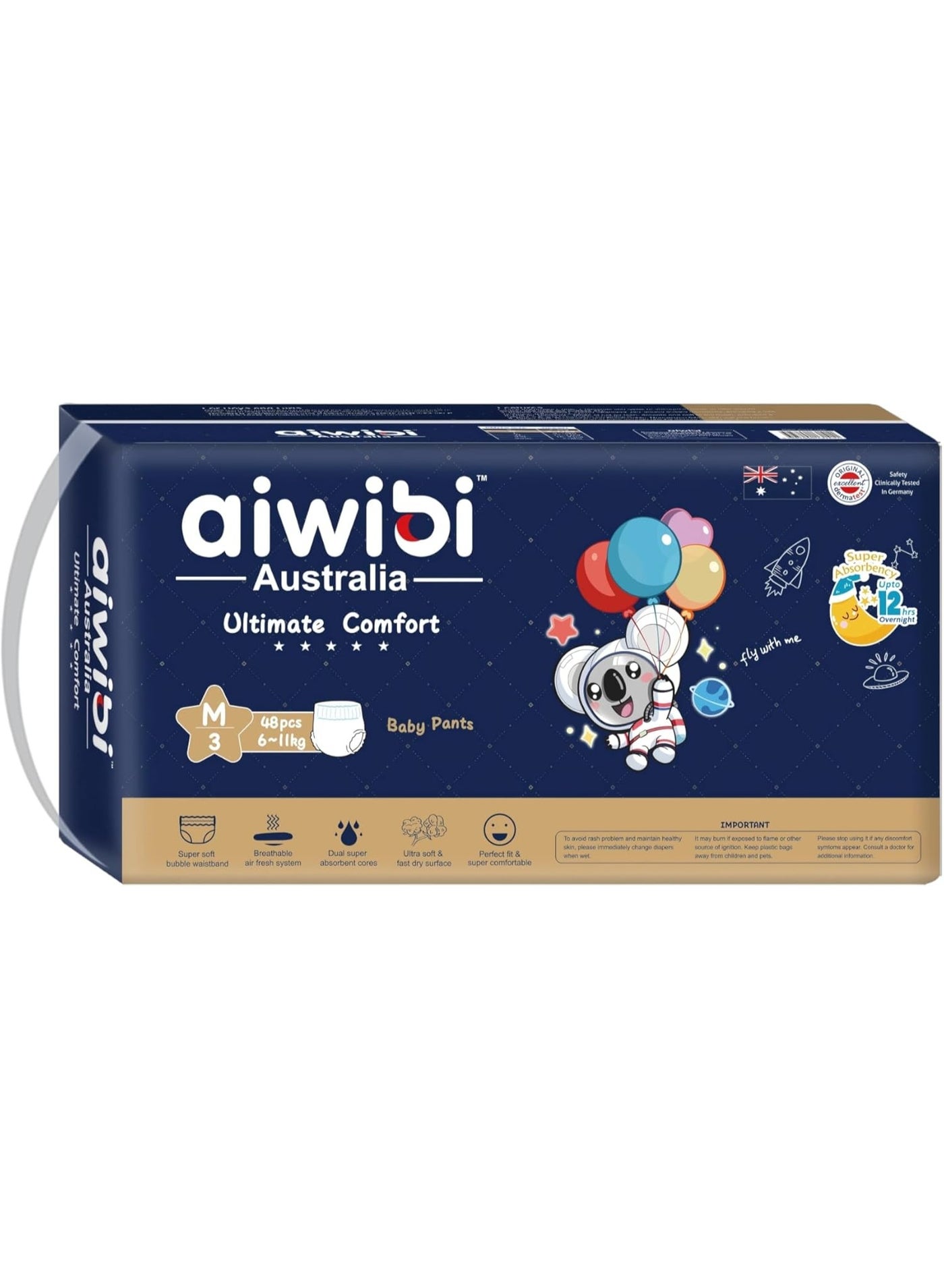aiwibi Night Plus Baby Diaper Pants Size 3 Medium (6-11kg), Overnight Pull Up Nappies with Extra Absorbency & Leak Protection (48 Pcs)